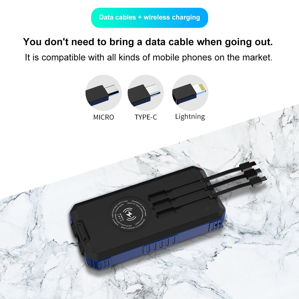 30000mah Portable Powerbank With Led Lights Power Bank For Wireless Charger Solar Power Bank Built In 3 Cables