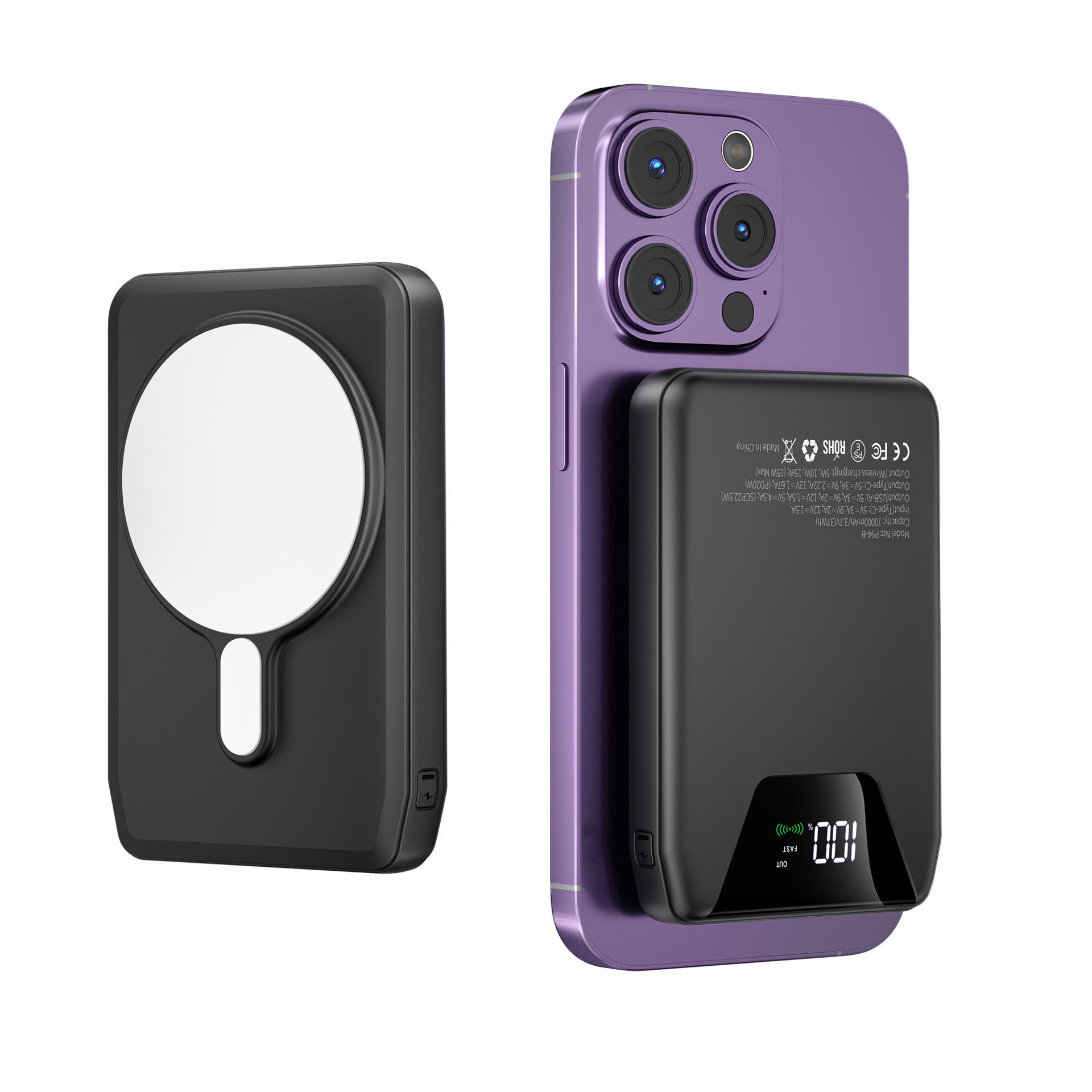 10000mah Ultrathin mini portable magnetic power bank with fast wireless charge function and LED display