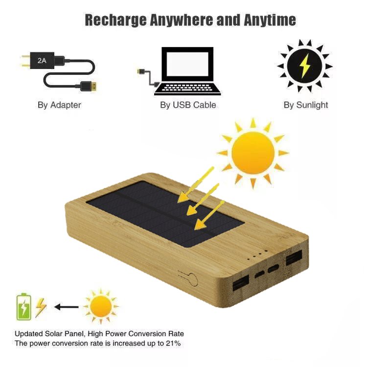 New Private Bamboo 10000mah USB C Wireless PowerBank Solar Power Bank