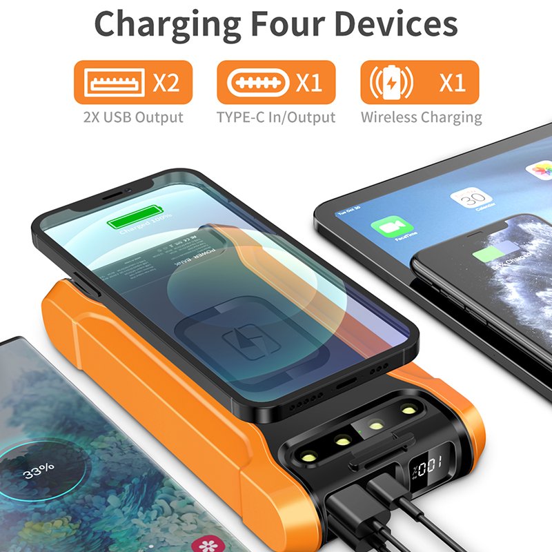 Wireless Solar Panel Power Banks Dual USB LI-Polymer 20000mAh IP65 Waterproof Travel LED Micro Compatible USA Socket Fishing