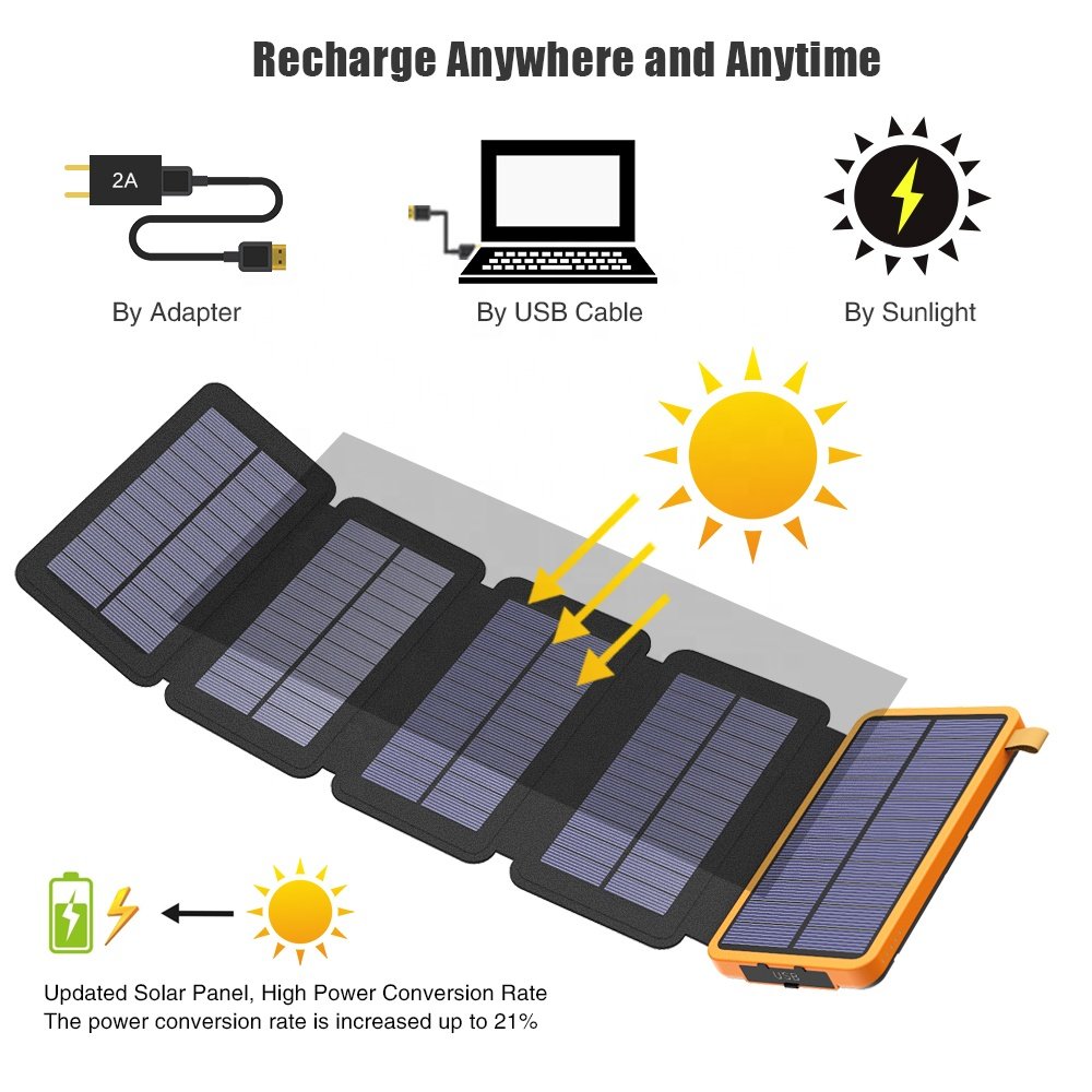 2023 New Trending 10000mAh Foldable Waterproof Solar Charger Portable Outdoor Travel Mobile Power Bank with UK Socket Standard