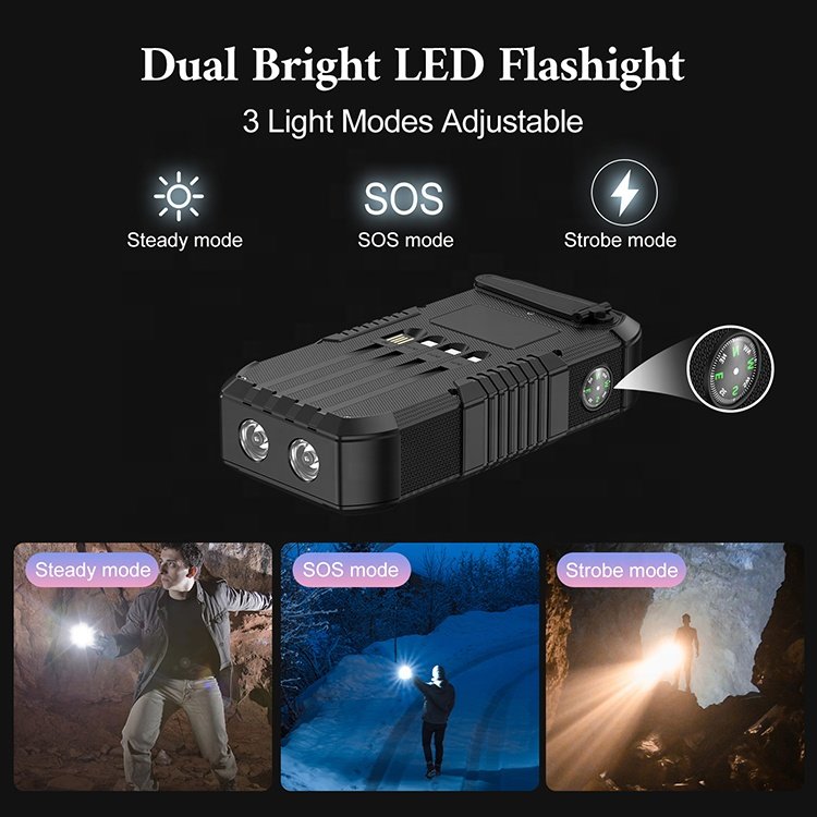 30000mAh High Capacity Outdoor Travel Portable Built In Cable Hand Crank Solar Power Bank