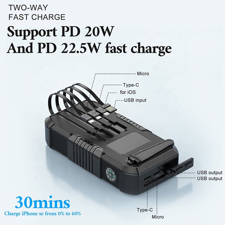 30000mAh High Capacity Outdoor Travel Portable Built In Cable Hand Crank Solar Power Bank