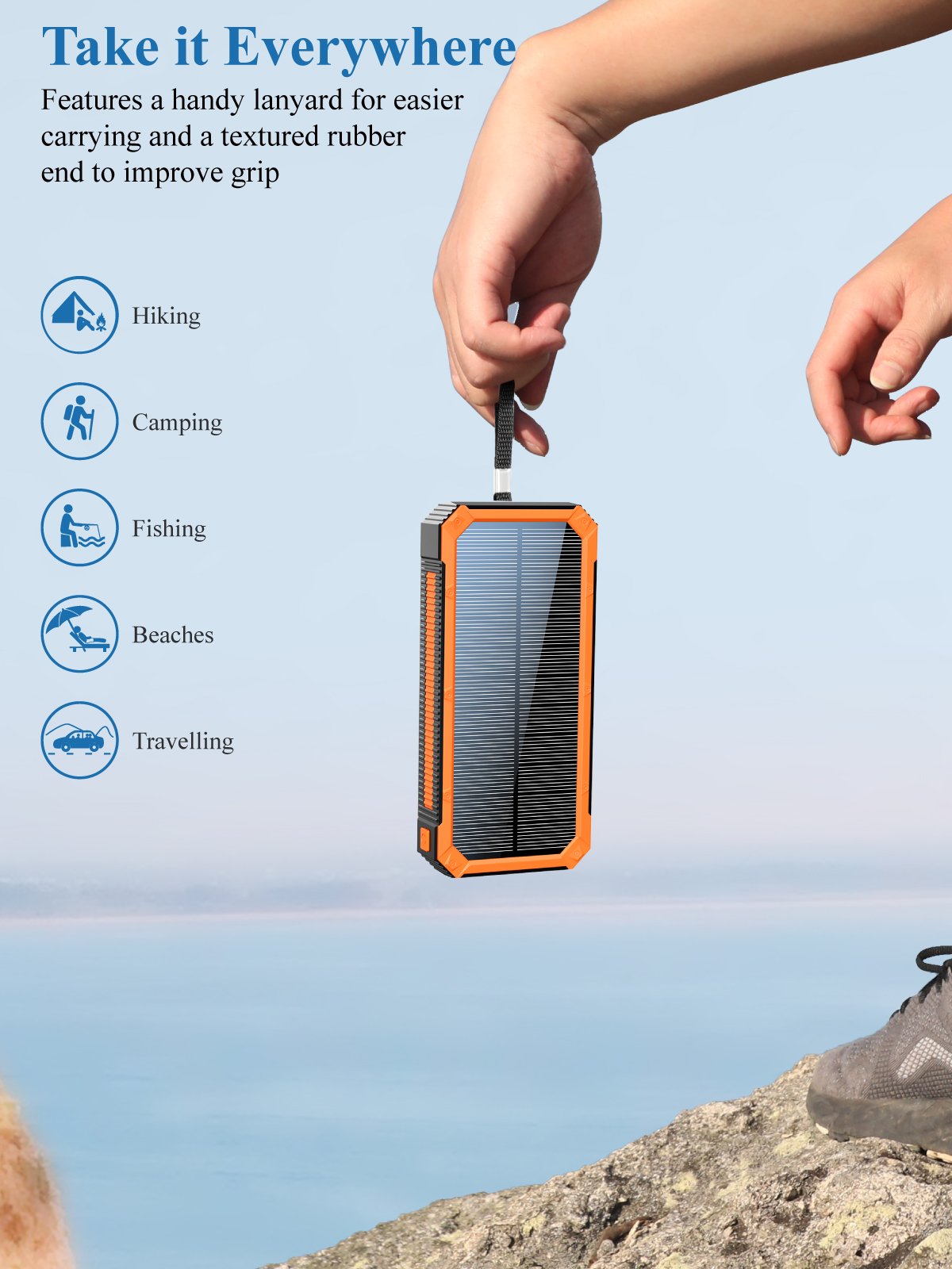 USB C Power Bank 20000mAh High Capacity PD 18W Outdoor Flashlight Waterproof Portable Charger Battery Pack Solar Power Banks