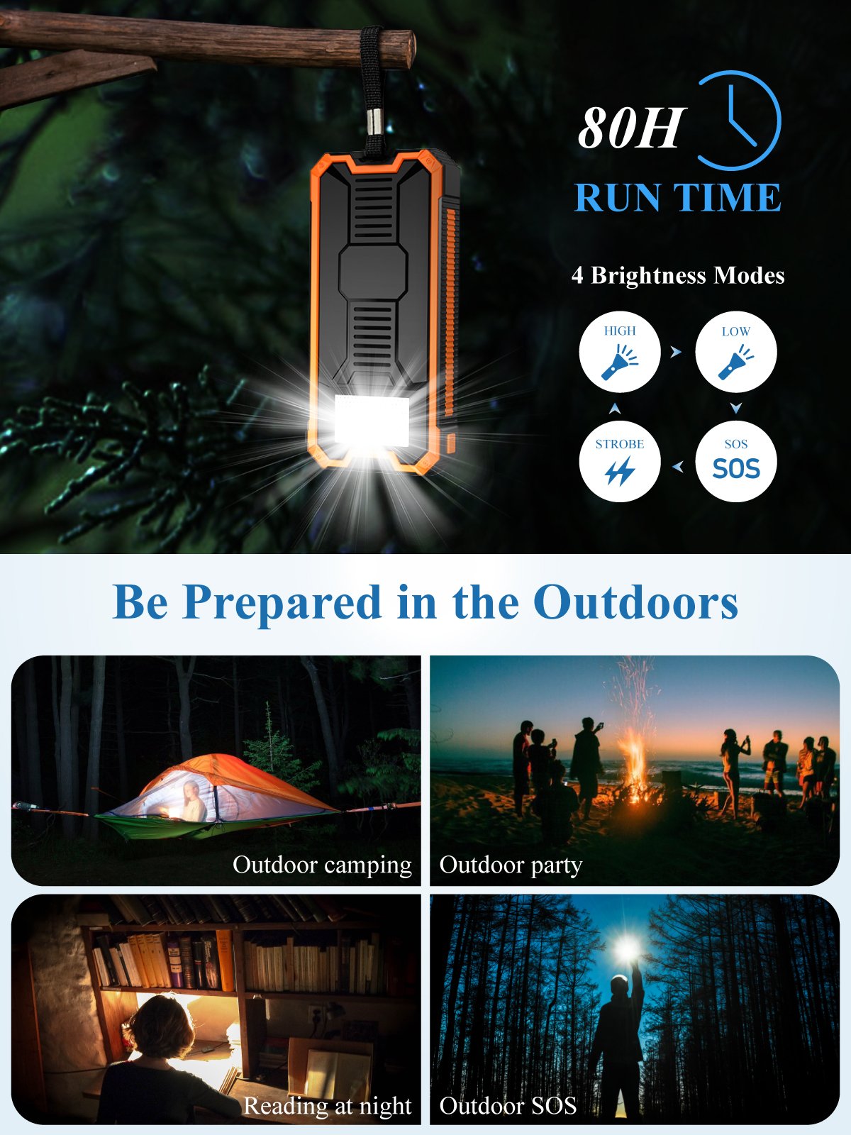 USB C Power Bank 20000mAh High Capacity PD 18W Outdoor Flashlight Waterproof Portable Charger Battery Pack Solar Power Banks