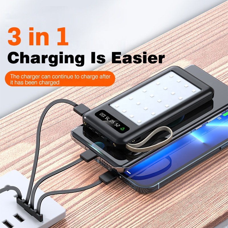 Portable power station 3 in 1 With Mobile Phone Holder Double Usb Output Built-in 4 Cable 20000 mah Solar Power bank For Outdoor
