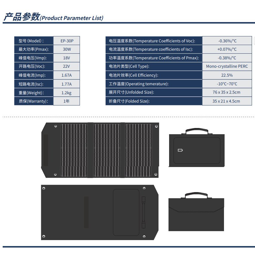 BIGINVERTER EP-30P 30W Foldable Portable Solar Panel Outdoor Charger for Camping Phone