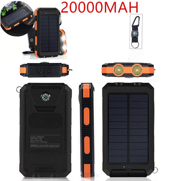 Solar Power Bank 20000mah Waterproof Quick Charging Outdoor Easy To Carry Out Led Lighting Function Security Power Bank