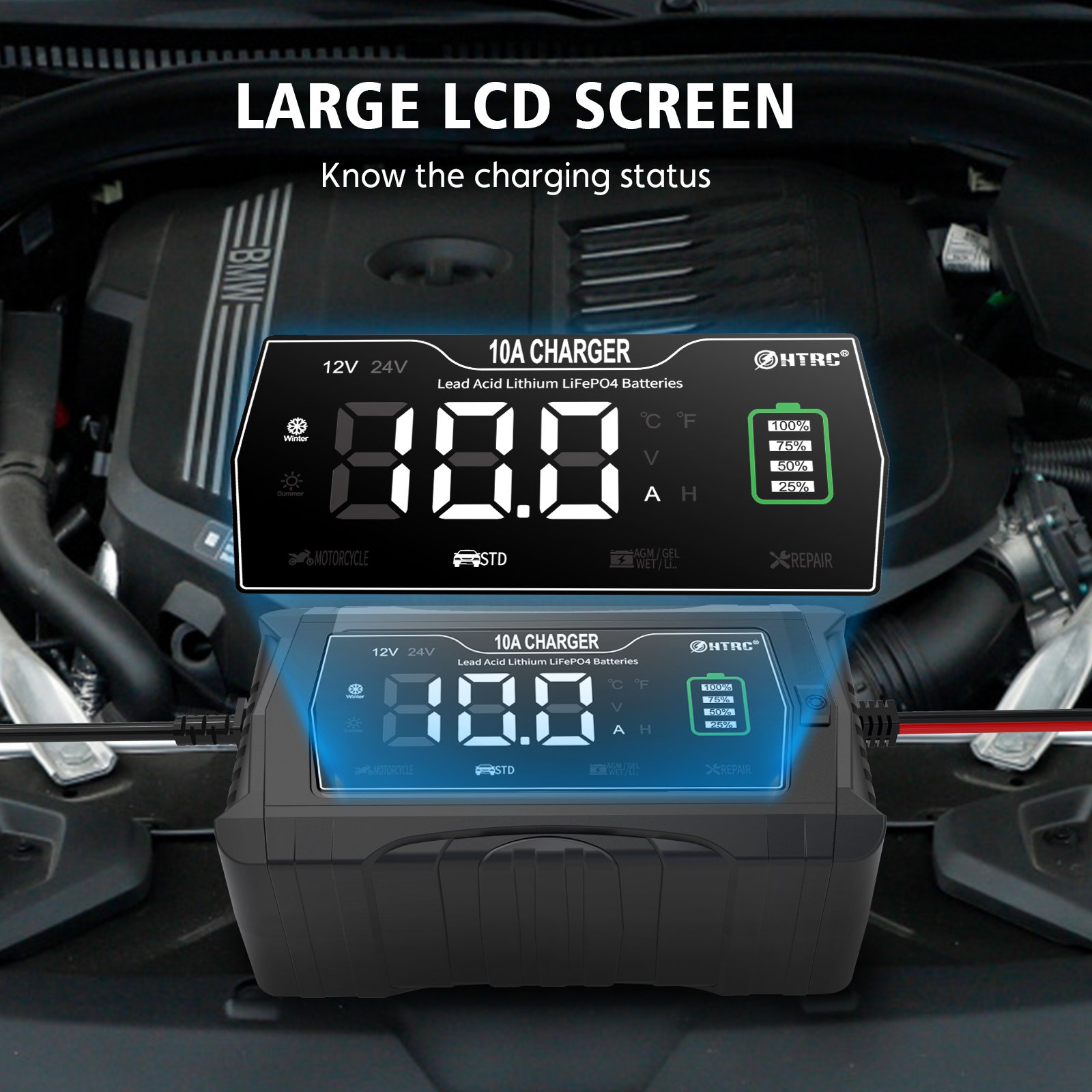 HTRC P10 12V/24V 10A AGM GEL Pulse Repair Car Battery Charger for Lithium Lifepo4 Battery with Overcurrent Protection function