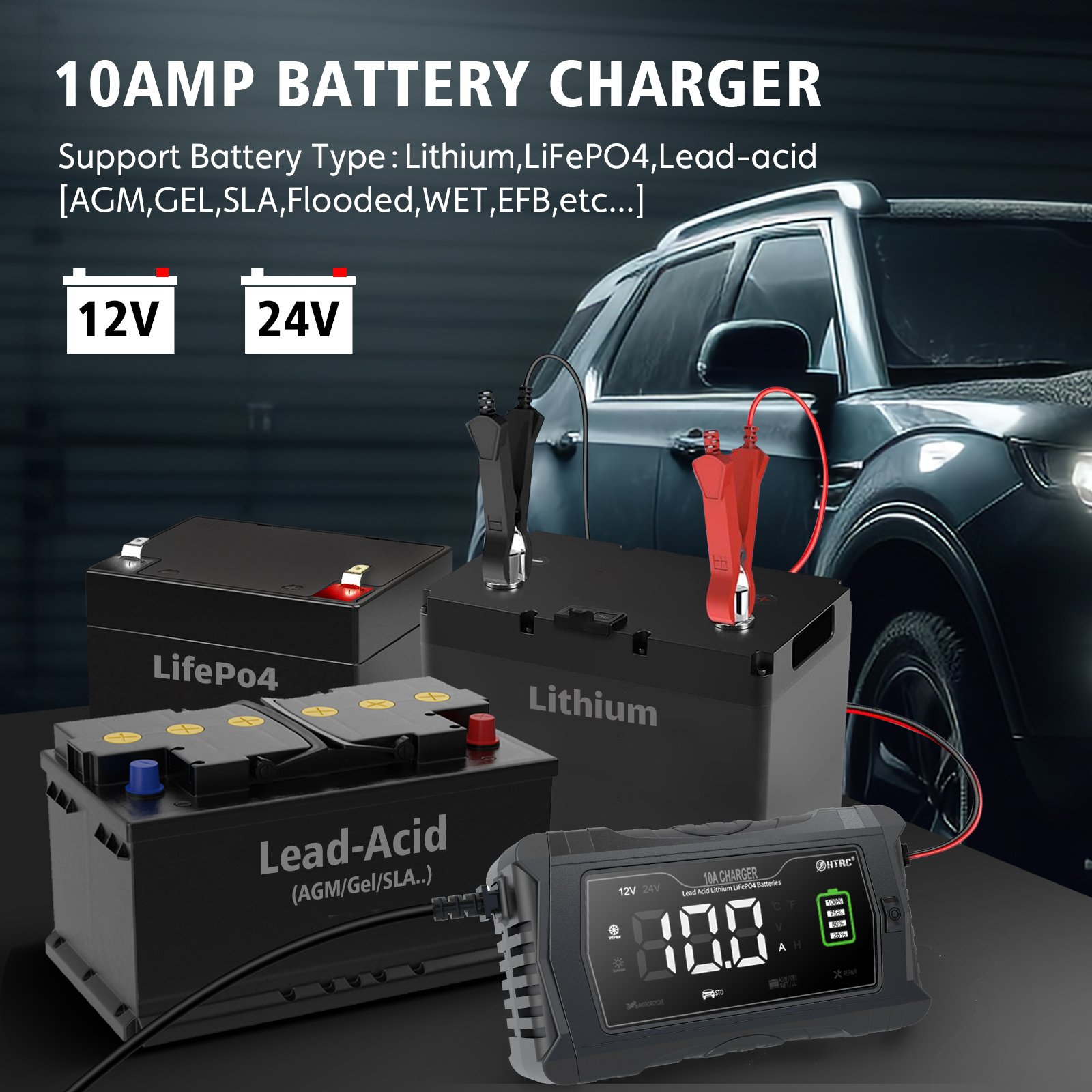HTRC P10 12V/24V 10A AGM GEL Pulse Repair Car Battery Charger for Lithium Lifepo4 Battery with Overcurrent Protection function