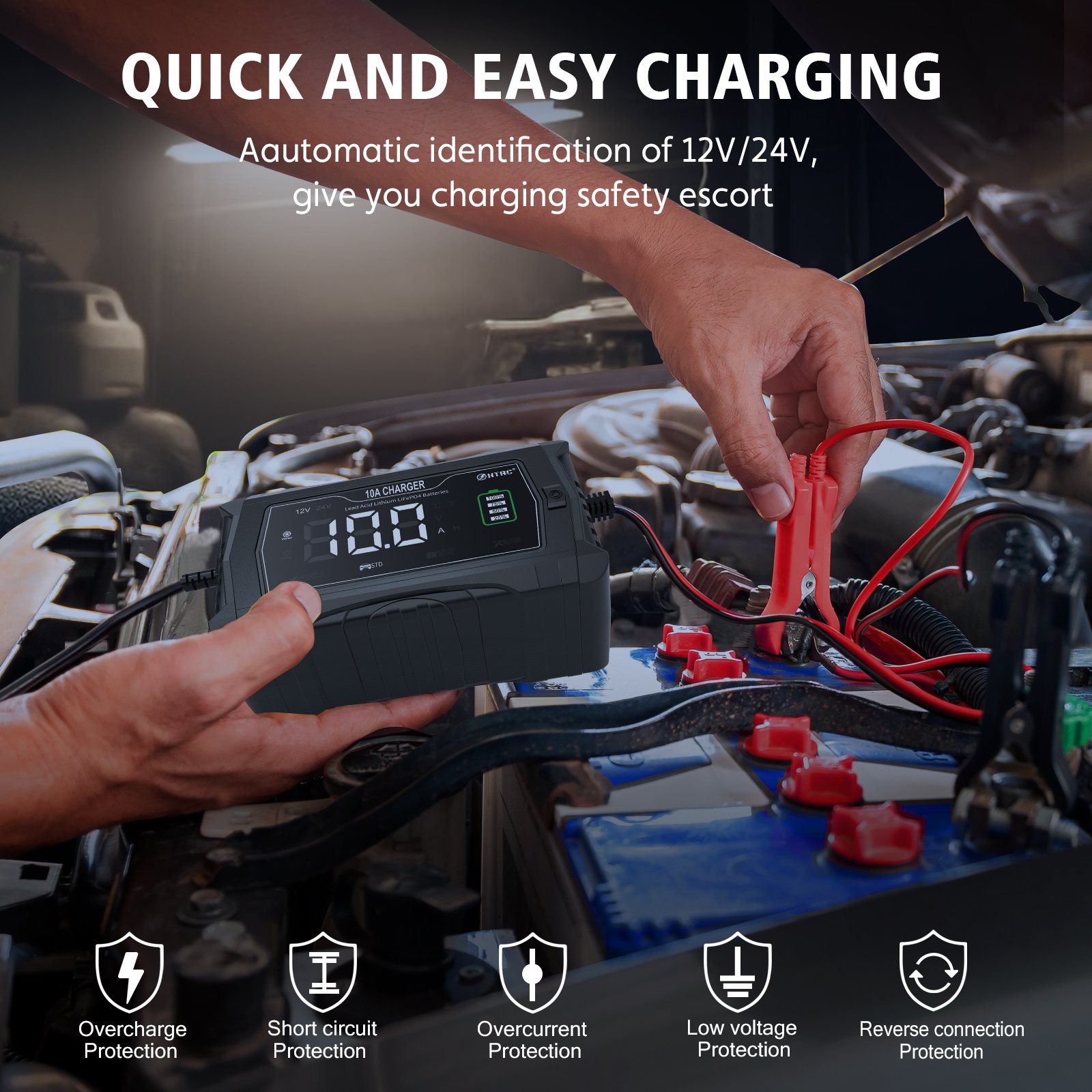 HTRC P10 12V/24V 10A AGM GEL Pulse Repair Car Battery Charger for Lithium Lifepo4 Battery with Overcurrent Protection function
