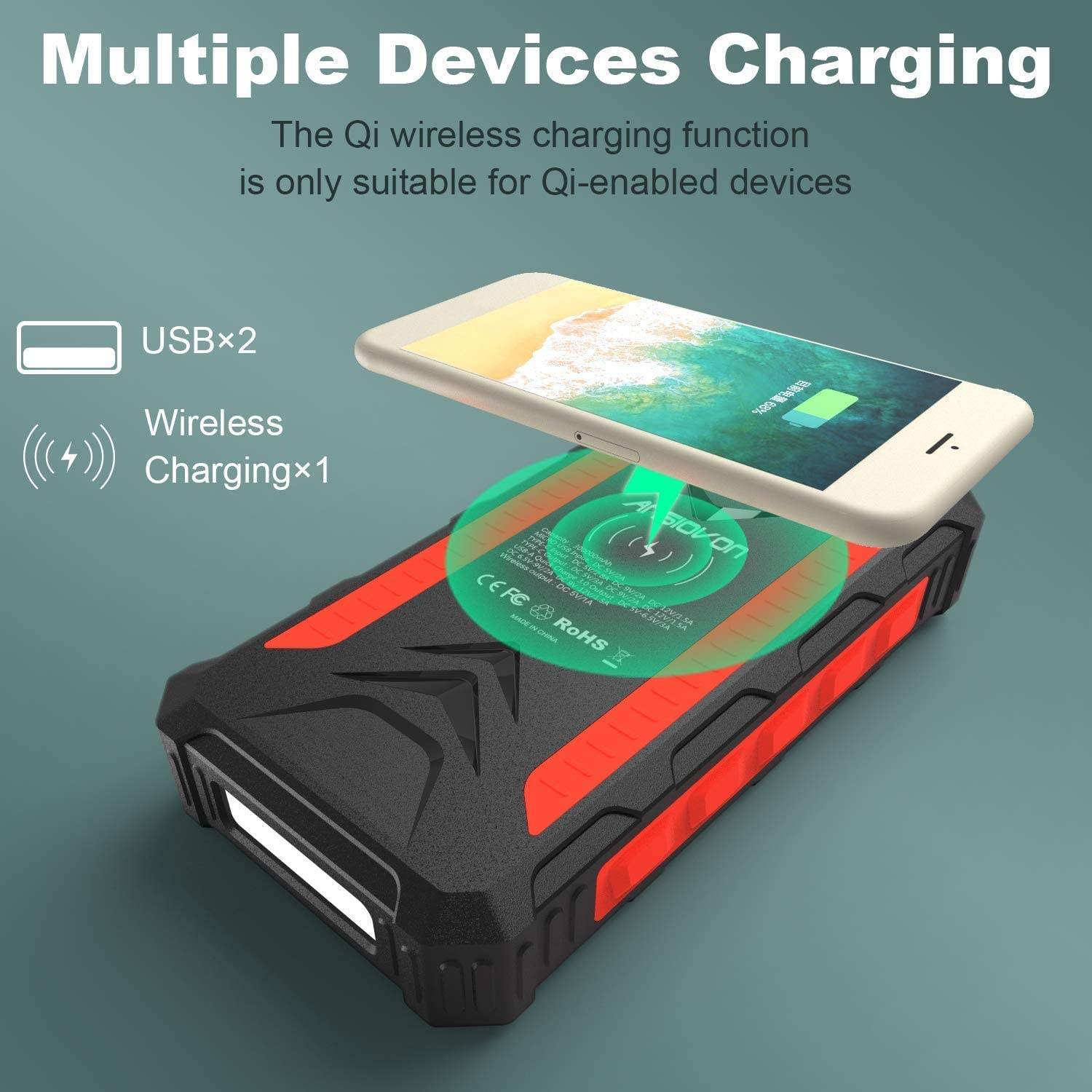 New Solar Power Bank 36000mah Waterproof Power Bank Wireless Portable Solar Panel with Led Light