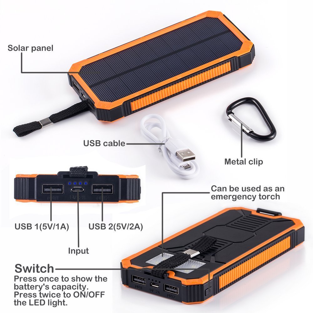 Solar Cell Phone Charger, Tomsenn 15000mAh Solar Power Bank Portable Dual USB Outdoor External Battery Pack for iPhone,