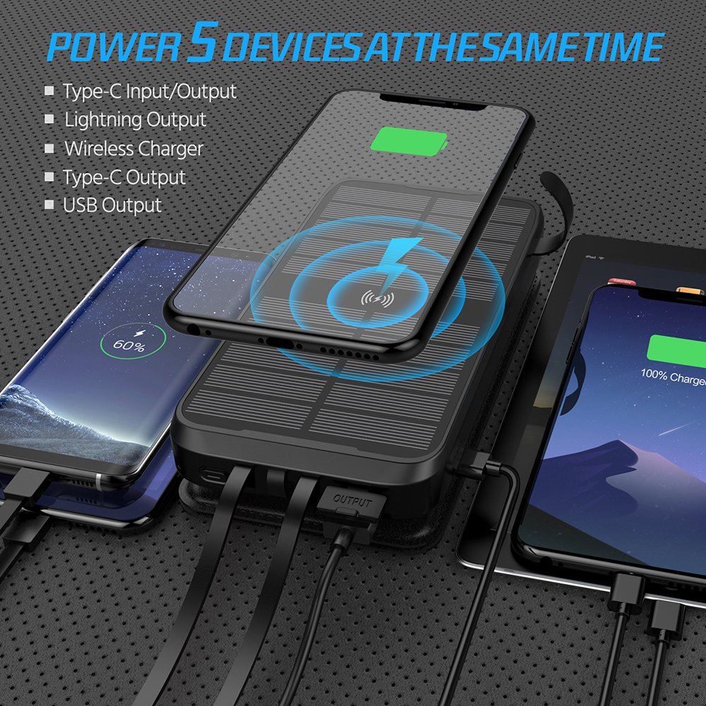 Solar Energy Storage Consumer Electronics Folding Panel Wireless Charger Power Bank 3 Built in Cable Power Bank 20000mah