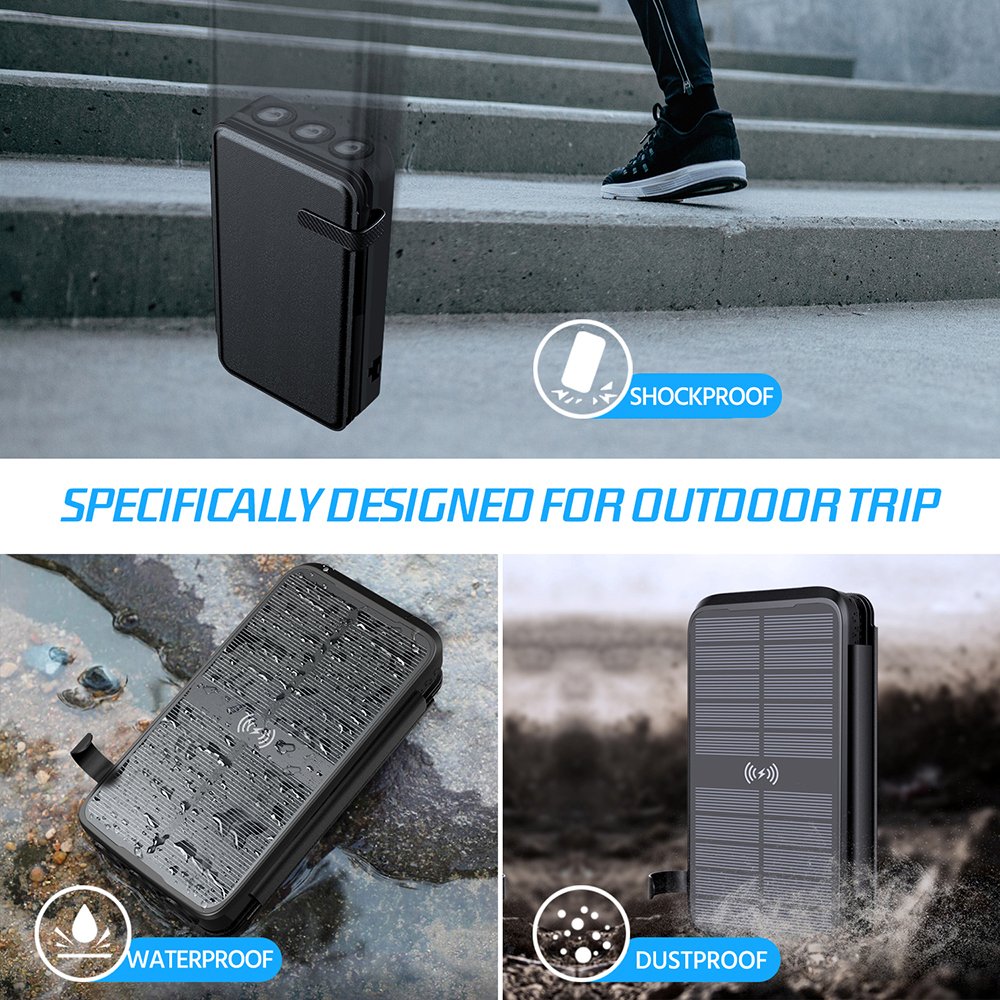 Solar Energy Storage Consumer Electronics Folding Panel Wireless Charger Power Bank 3 Built in Cable Power Bank 20000mah