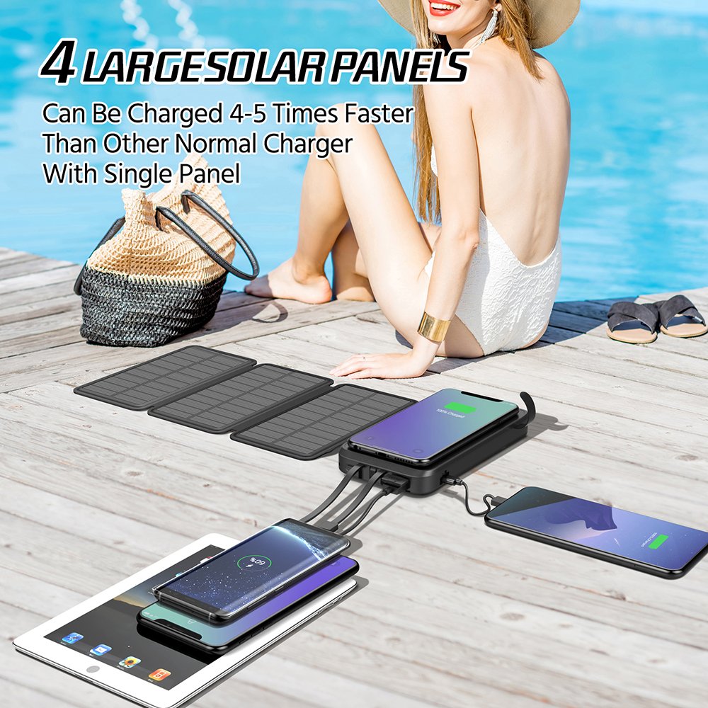 Solar Energy Storage Consumer Electronics Folding Panel Wireless Charger Power Bank 3 Built in Cable Power Bank 20000mah