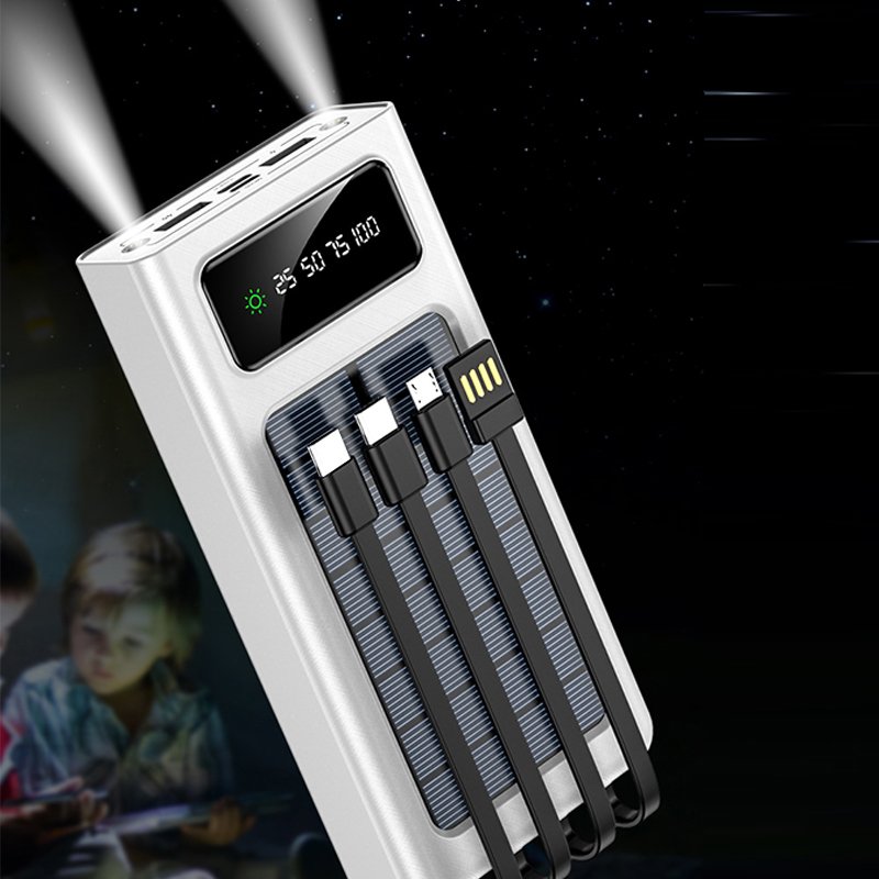 Wholesale Outdoor 20000 30000mAh Large Capacity Mobile Power Supply Factory Solar Power Built-in Cable Charging Bank