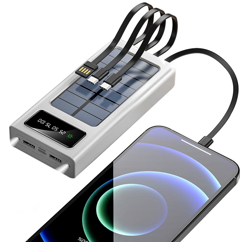 Wholesale Outdoor 20000 30000mAh Large Capacity Mobile Power Supply Factory Solar Power Built-in Cable Charging Bank