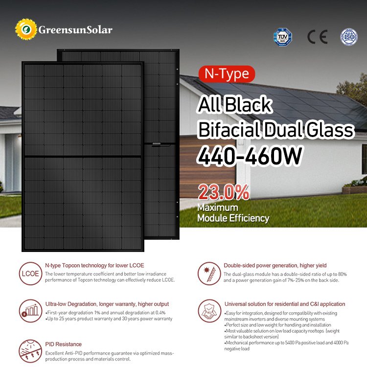 Greensun All black 450w 460w 470w 480w sun power mono half cell solar panel 1000w price 600 watt pv module