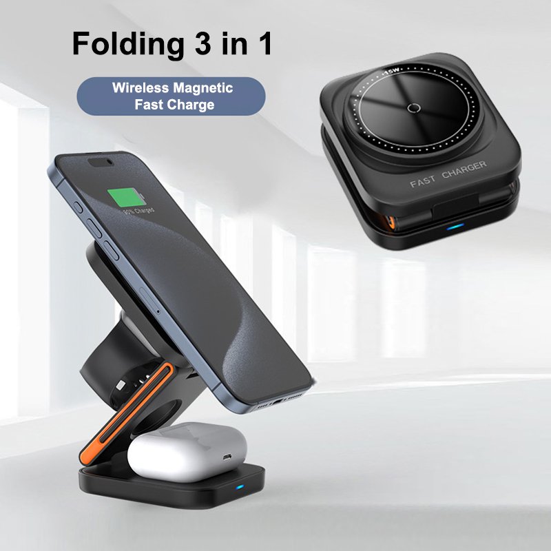 2024 High Quality Foldable&Magnetic 3 in 1 Wireless Charger OEM/ODM Portable Magnetic Phone Holder for Electronic Gift Sets