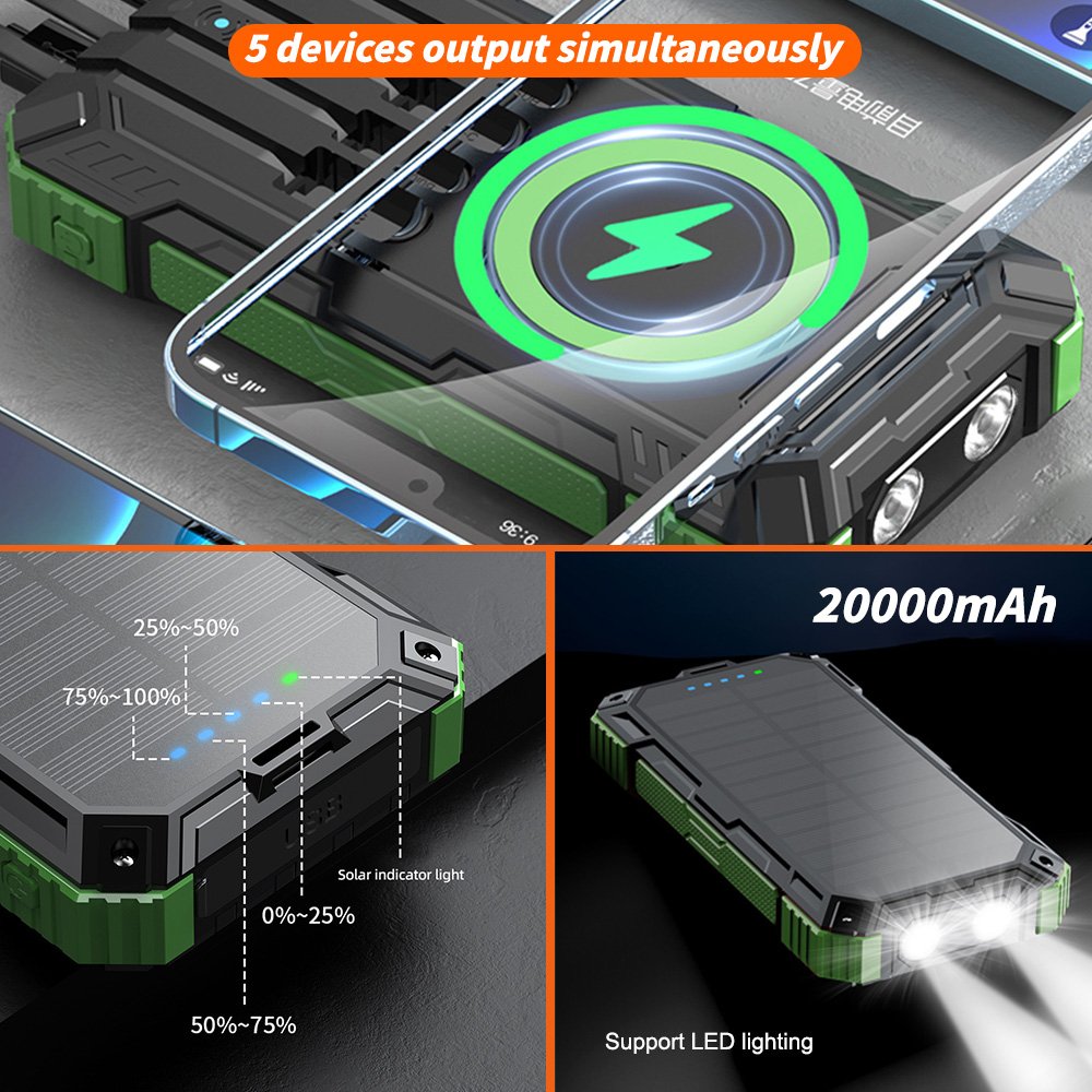 Solar Charger 20000mAh Built in 4 Cables 22.5W Fast Charging for All Mobile Devices Dual Flashlights Wireless Solar Power Banks