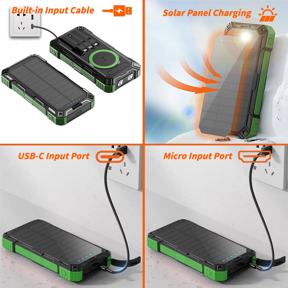 Solar Charger 20000mAh Built in 4 Cables 22.5W Fast Charging for All Mobile Devices Dual Flashlights Wireless Solar Power Banks