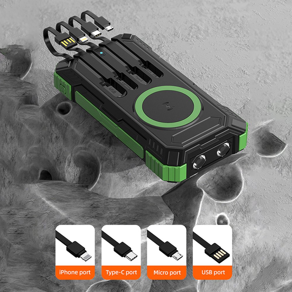 Solar Charger 20000mAh Built in 4 Cables 22.5W Fast Charging for All Mobile Devices Dual Flashlights Wireless Solar Power Banks