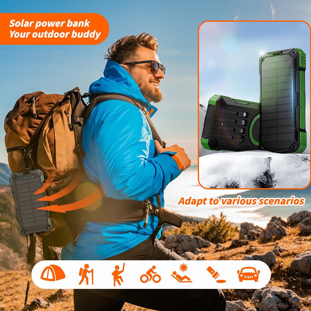 Solar Charger 20000mAh Built in 4 Cables 22.5W Fast Charging for All Mobile Devices Dual Flashlights Wireless Solar Power Banks