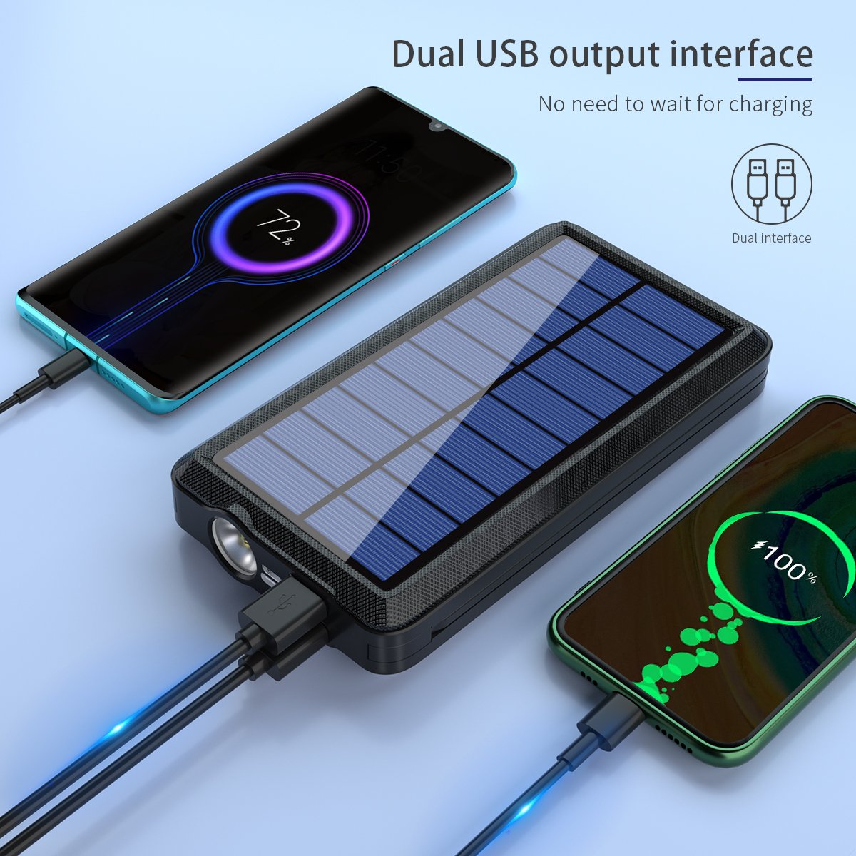 Fast Charging Waterproof Mobile Charger Powerbank Station Light Portable Wireless Solar Power Bank 20000mah With Cables Built In