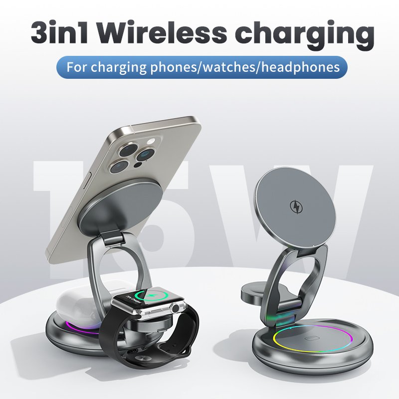 15W 3 in 1 Magnetic Wireless Charger Stand Pad Foldable, Suitable for iPhone 15 14 13 12 Airpods iWatch 8 7 Quick Charging Stand