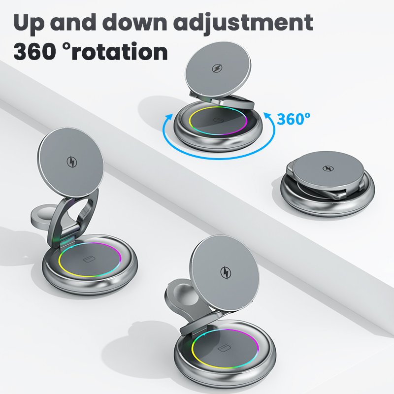 15W 3 in 1 Magnetic Wireless Charger Stand Pad Foldable, Suitable for iPhone 15 14 13 12 Airpods iWatch 8 7 Quick Charging Stand