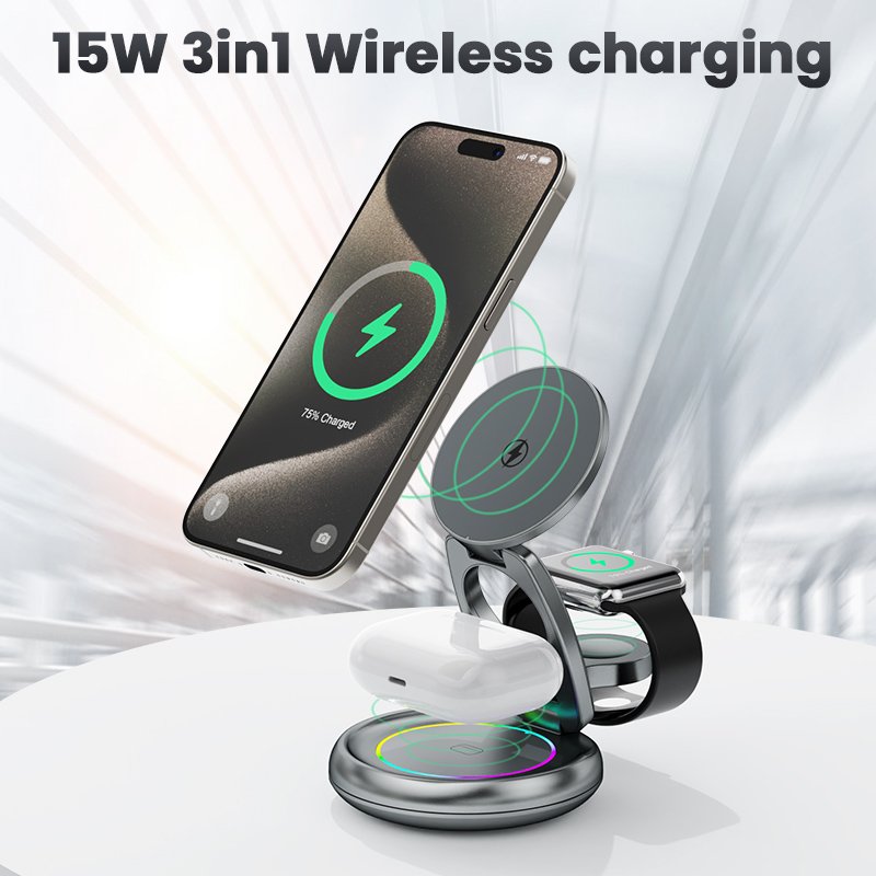 15W 3 in 1 Magnetic Wireless Charger Stand Pad Foldable, Suitable for iPhone 15 14 13 12 Airpods iWatch 8 7 Quick Charging Stand