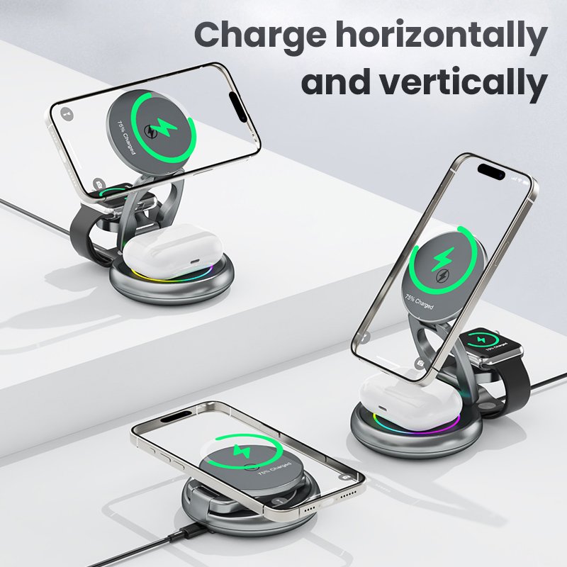 15W 3 in 1 Magnetic Wireless Charger Stand Pad Foldable, Suitable for iPhone 15 14 13 12 Airpods iWatch 8 7 Quick Charging Stand