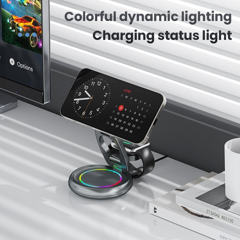 15W 3 in 1 Magnetic Wireless Charger Stand Pad Foldable, Suitable for iPhone 15 14 13 12 Airpods iWatch 8 7 Quick Charging Stand