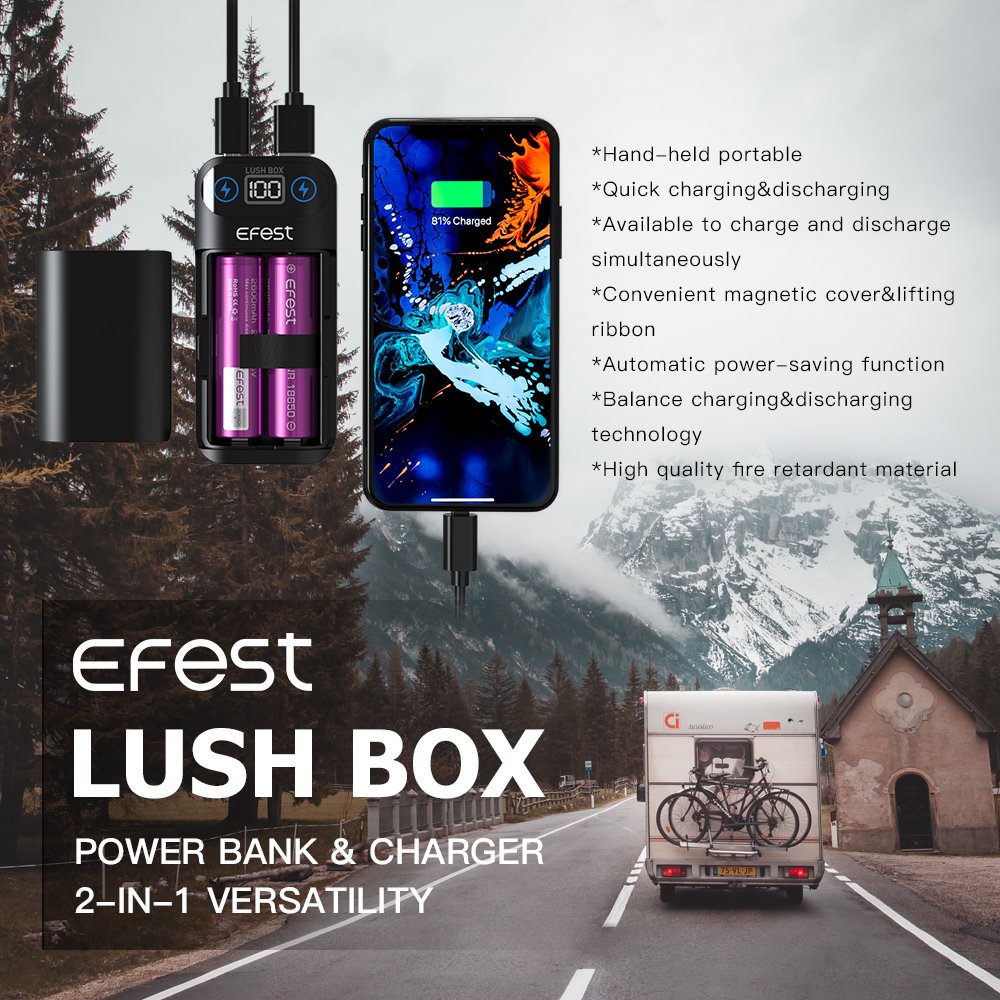 Portable Charger Efest Lush Box Diy 18650 charger 2 batteries mobile phone 5V 1A Fast charging smart charger