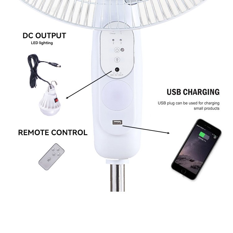 Rechargeable Solar Big Electric Standing metal Fan DC 18Inch Solar Fan And Phone Charger For Outdoor with remote LED light