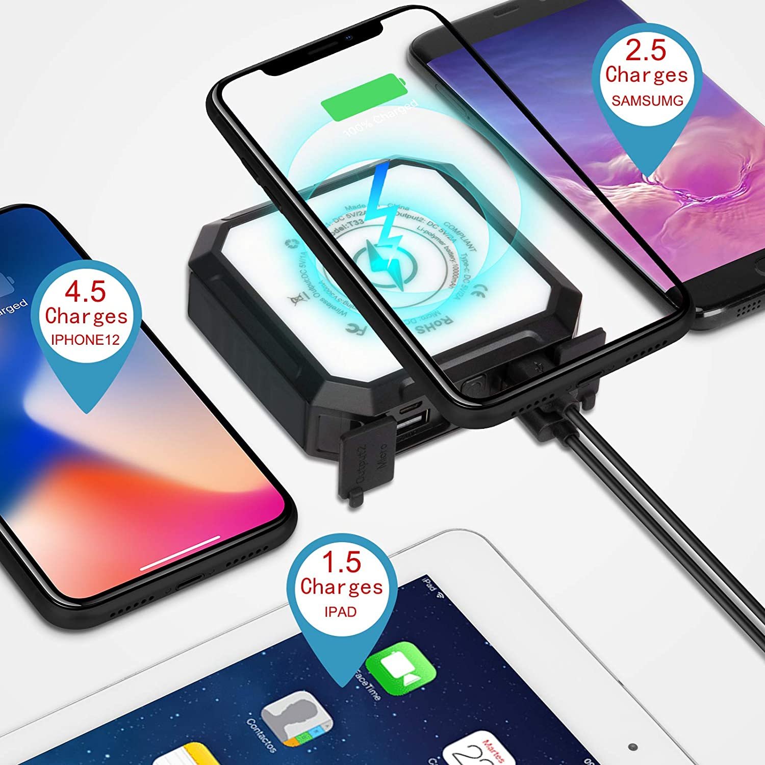 10000Mah Wireless Phone Charger High Capacity Outdoor Travel Charging Battery Solar Power Bank Portable For Iphone