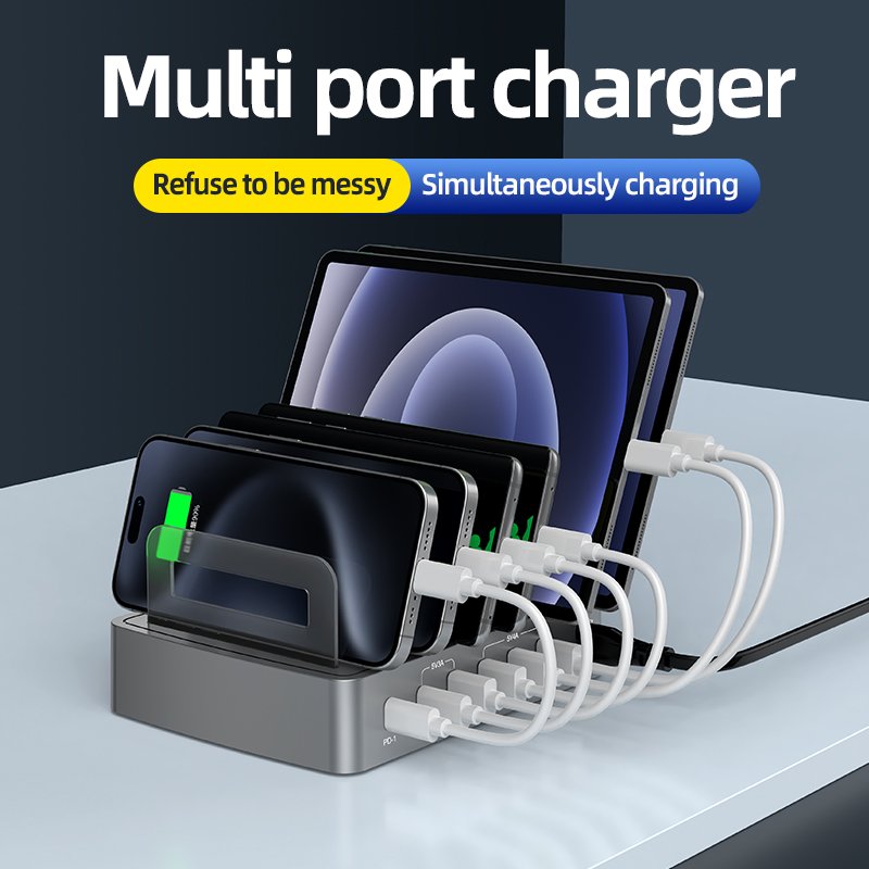 QC 6 Port Multi Port USB PD Bracket USB C Smart Docking USB Charger Station Mobile Phones Quick Charging Dock 75W Quick Charger