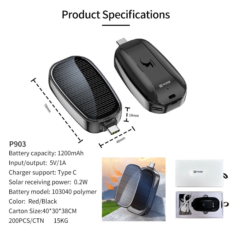 High Quality Quick Charge 1200mAh Mini Outdoor Emergency Solar Wireless Charger Key Chain Power Bank Portable Mobile Charging