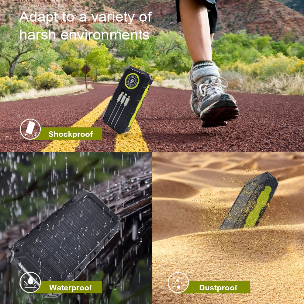 New Design Multifunction Portable Waterproof 30000mah Solar Power Bank Build in Cable with Flashlight Wireless Solar Charger