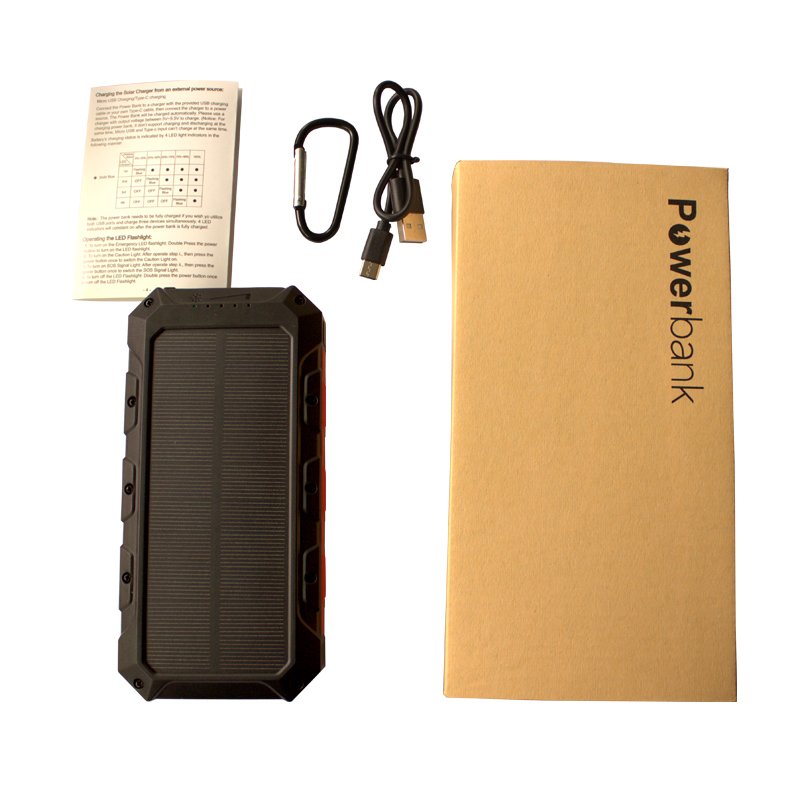 New Design Multifunction Portable Waterproof 30000mah Solar Power Bank Build in Cable with Flashlight Wireless Solar Charger