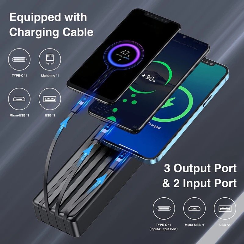20000mah Solar Power Bank fast charging 2 Dual USB Ports External Charger portable Powerbank with 4 Wires cables and LED Light