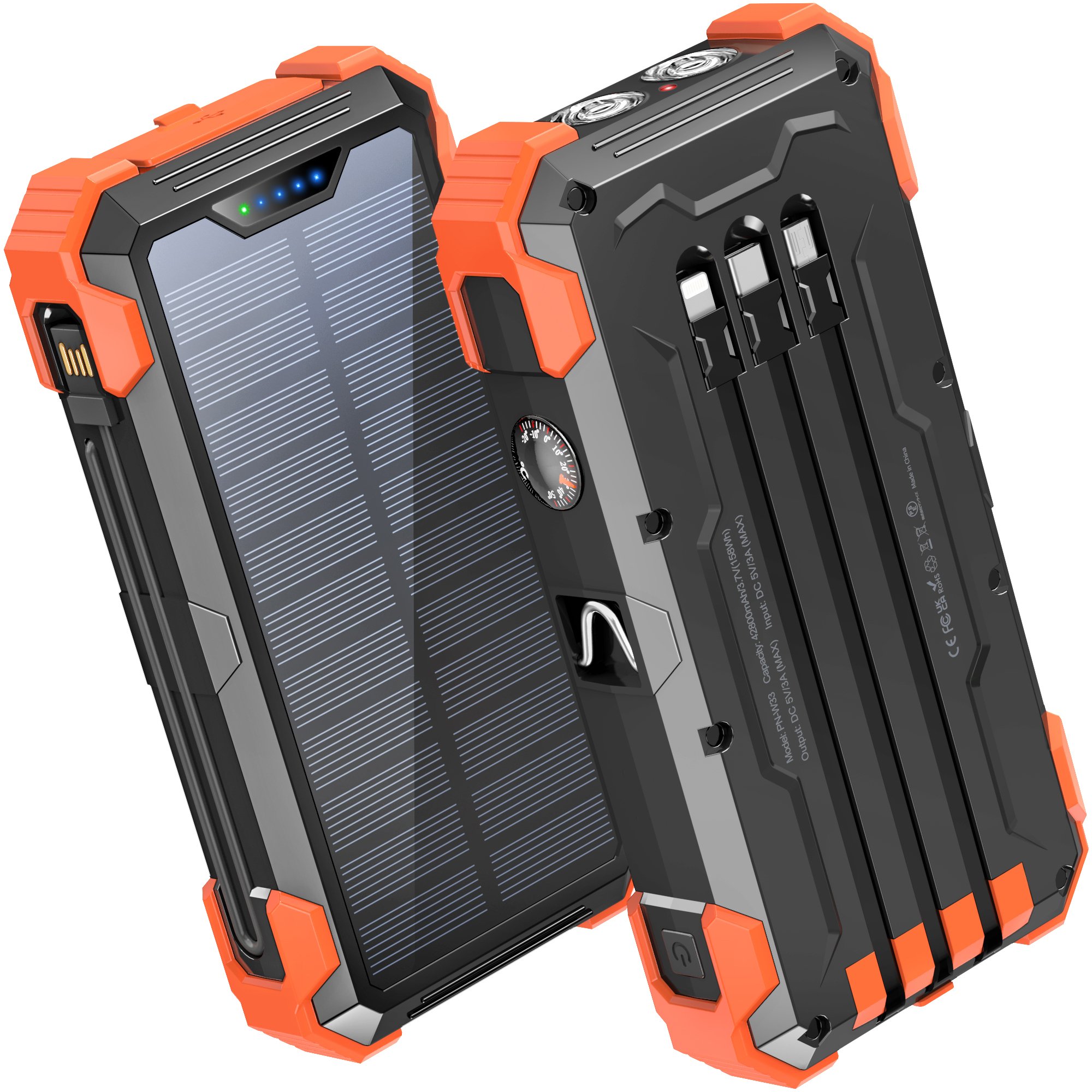 16000mAh Built-in Cables Thermometer 15W Fast Charging LED camping light Laser pointer hiking outdoor Solar Charger Power Bank