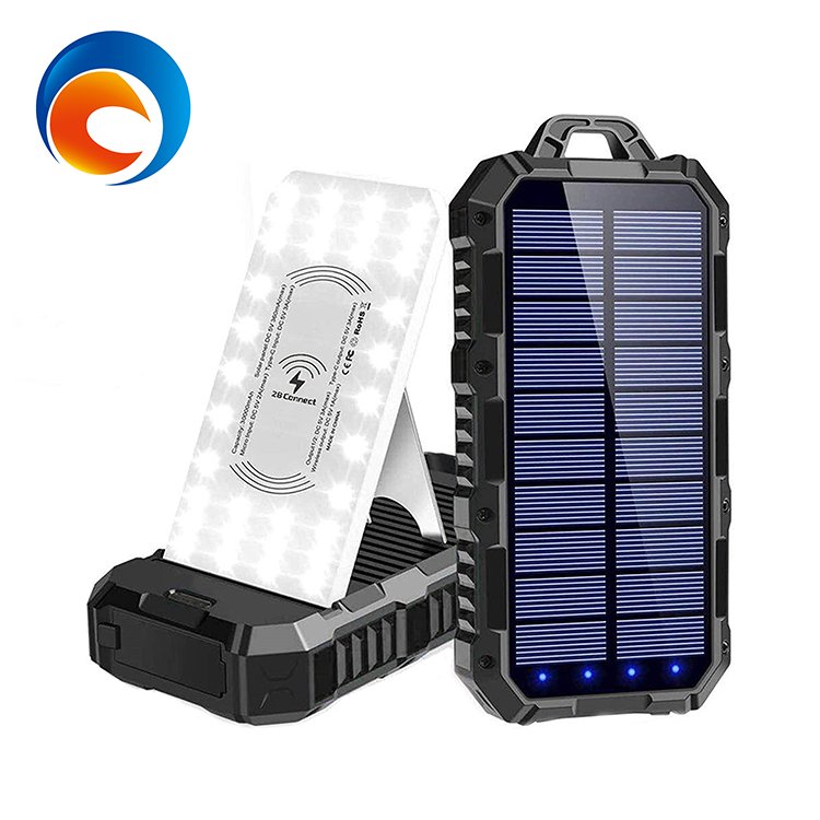 Good Selling Portable 30000mah Dual USB Solar Power Bank with LED Wireless Waterproof Charger Stand Mobile Power Supply Station