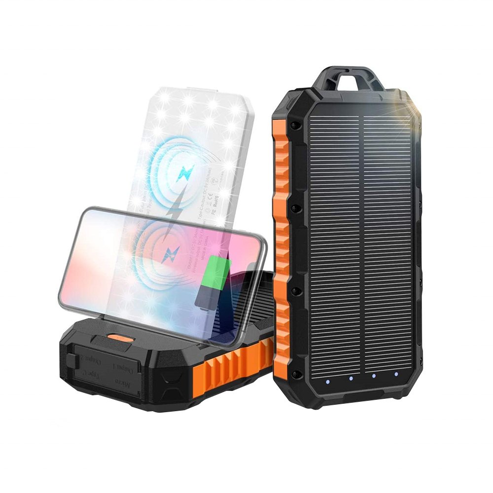 Good Selling Portable 30000mah Dual USB Solar Power Bank with LED Wireless Waterproof Charger Stand Mobile Power Supply Station