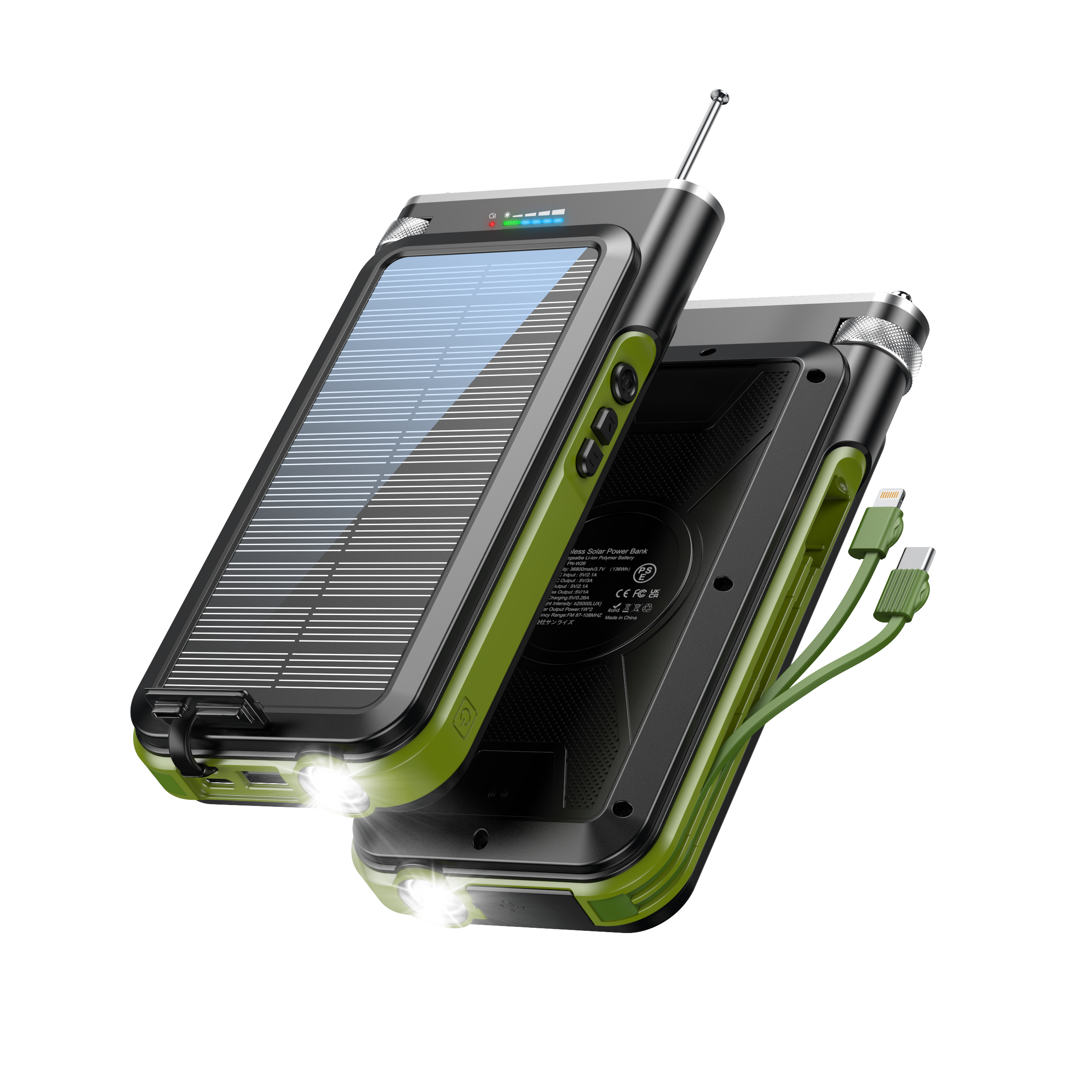 Online New trending 2024 arrivals Splash proof FM radio Wireless charger Mobile Phone Solar power bank with 2 cables
