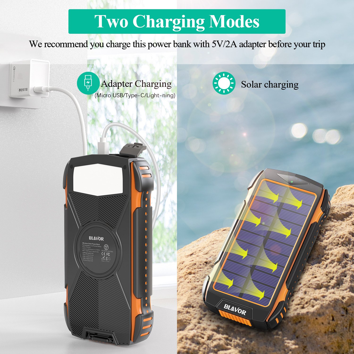 Factory Solar Power Bank Type-C 20000mAh QI Wireless Fast Charging For Phone Power Bank With Flashlight