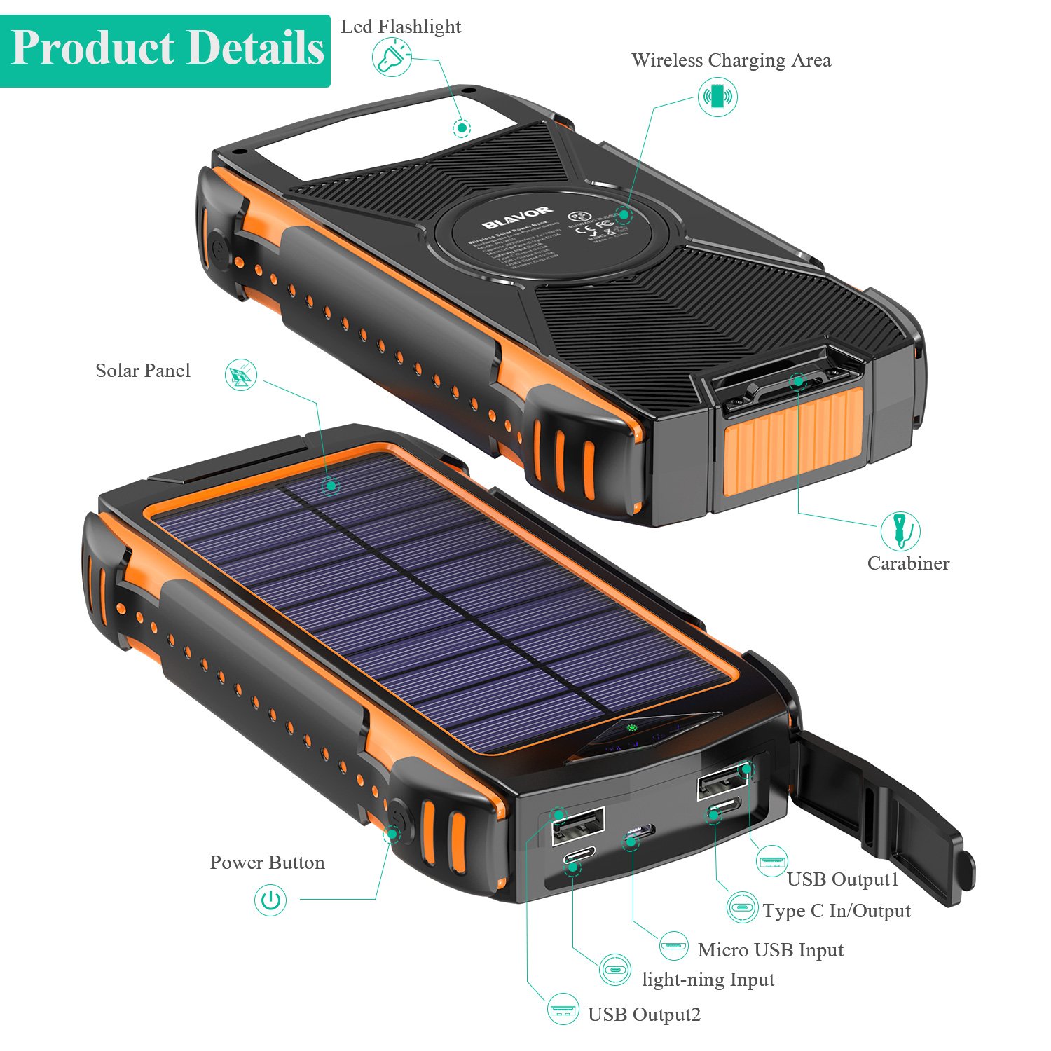 Factory Solar Power Bank Type-C 20000mAh QI Wireless Fast Charging For Phone Power Bank With Flashlight