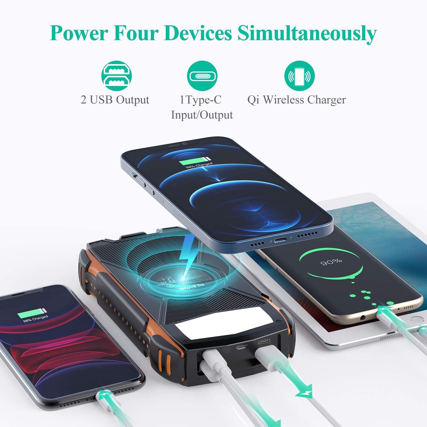 Factory Solar Power Bank Type-C 20000mAh QI Wireless Fast Charging For Phone Power Bank With Flashlight