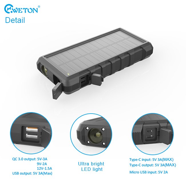 IP66 24000 mAh QC3.0 solar power bank with led light